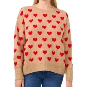 Vince Camuto Crew Neck Heart Red Tan Long Sleeve Sweater Size L
